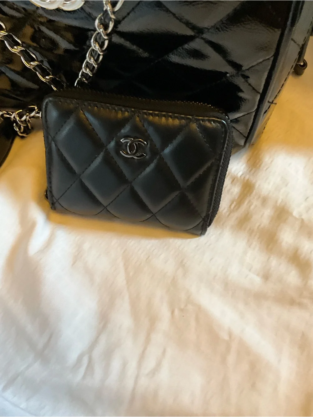 Designer Fashioned Black Quilted Patent Leather Satchel with Chain Strap